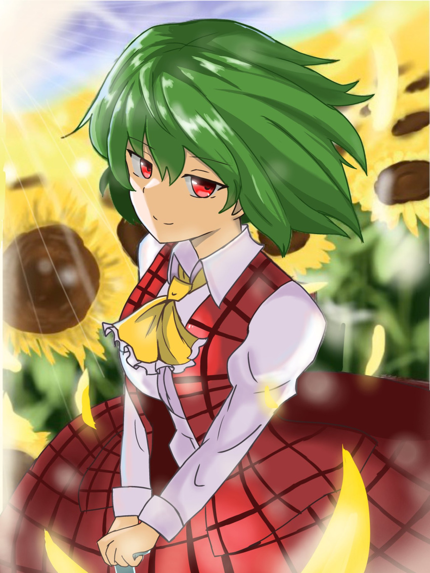 1girl ascot bangs blue_sky closed_mouth flower green_hair highres kazami_yuuka light_rays long_sleeves looking_at_viewer mokoo43451177 outdoors own_hands_together plaid plaid_skirt plaid_vest red_eyes red_skirt red_vest shirt short_hair skirt sky smile solo sunflower touhou v_arms vest white_shirt yellow_ascot