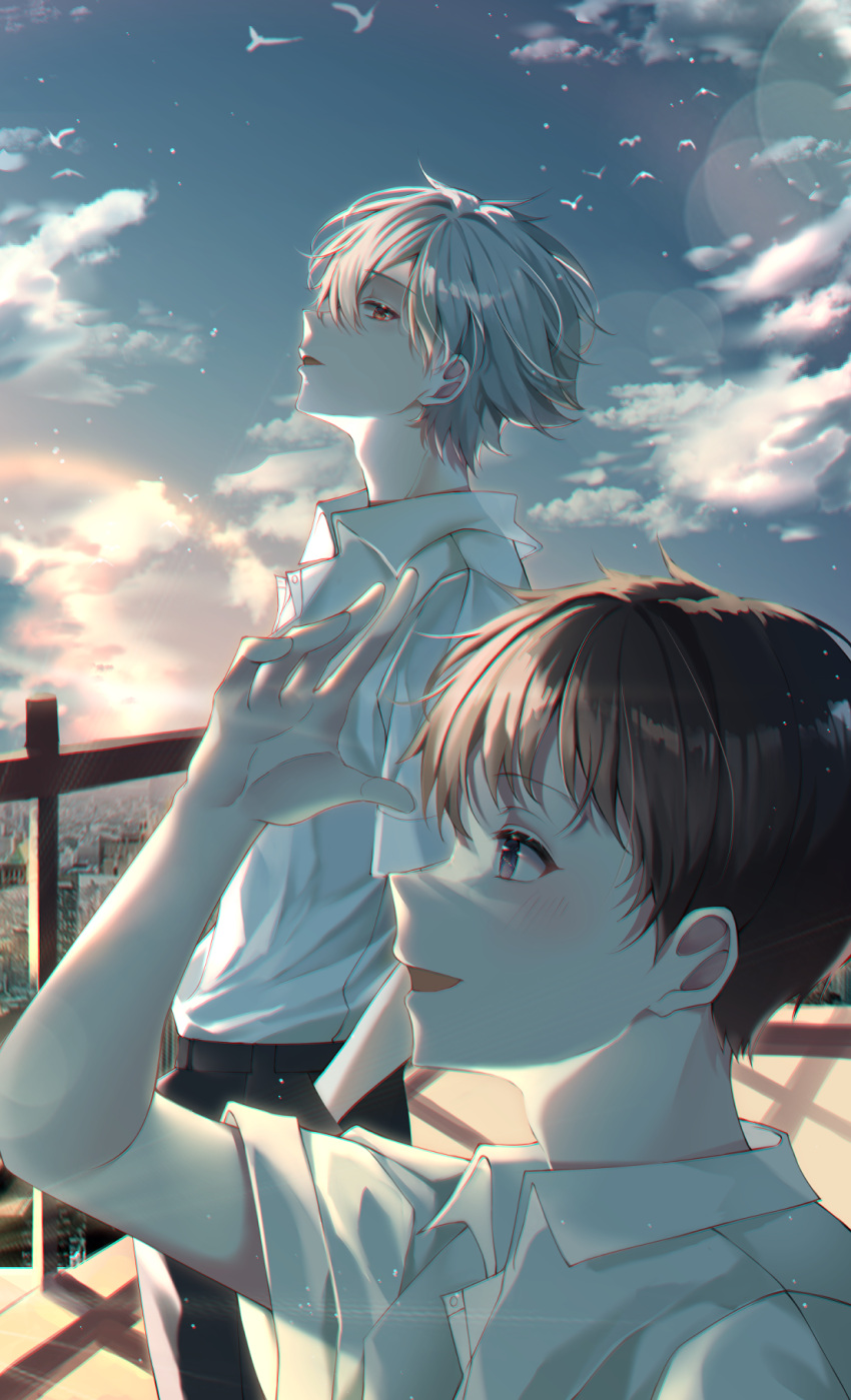 2boys :d arm_up bird black_eyes black_hair black_pants brown_eyes chromatic_aberration cityscape clouds collared_shirt commentary duyu from_side grey_hair hands_in_pockets highres ikari_shinji lens_flare light_blush light_particles looking_at_another looking_to_the_side male_focus multiple_boys nagisa_kaworu neon_genesis_evangelion open_mouth outdoors pants shading_eyes shadow shirt short_hair sideways_glance sky smile sunlight sunset upper_body white_shirt