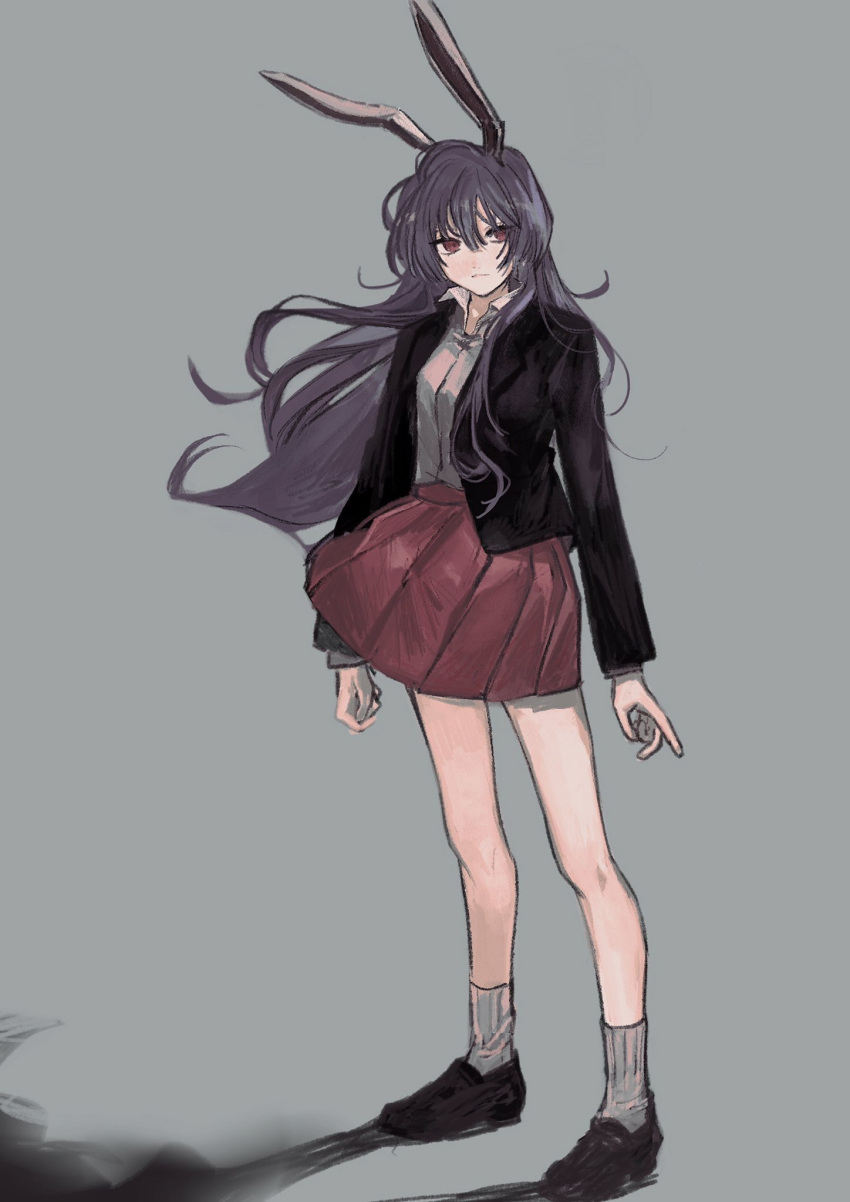 1girl animal_ears black_footwear black_jacket eyebrows_behind_hair floating_hair full_body gotagotay grey_background hair_between_eyes highres jacket long_hair long_sleeves looking_at_viewer pleated_skirt rabbit_ears red_eyes red_skirt reisen_udongein_inaba shirt shoes simple_background skirt socks solo standing touhou very_long_hair white_legwear