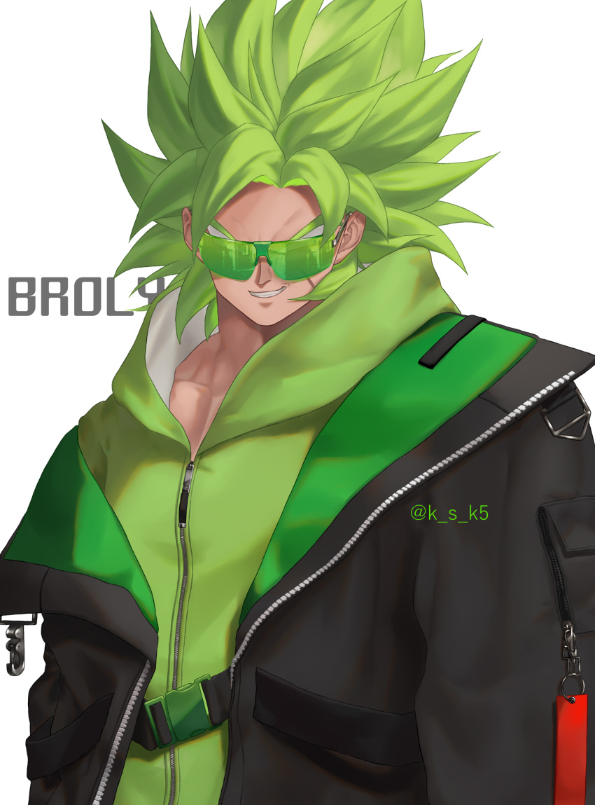 1boy absurdres bangs black_jacket broly_(dragon_ball_super) character_name dragon_ball dragon_ball_super dragon_ball_super_broly green_hair green_hoodie highres hood hood_down hoodie jacket ksuke_(k-taro31) legendary_super_saiyan looking_at_viewer male_focus open_clothes open_jacket scar scar_on_cheek scar_on_face short_hair simple_background smile solo spiky_hair sunglasses super_saiyan teeth twitter_username upper_body white_background