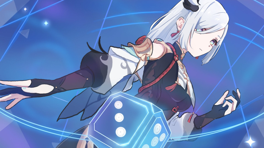 1girl bangs black_bodysuit blue_background bodysuit bridal_gauntlets chinese_clothes chinese_knot crop_top crop_top_overhang cube dice earrings gameplay_mechanics genshin_impact hair_over_one_eye hand_up highres jewelry nail_polish shenhe_(genshin_impact) solo white_hair xinzoruo yelan_(genshin_impact)