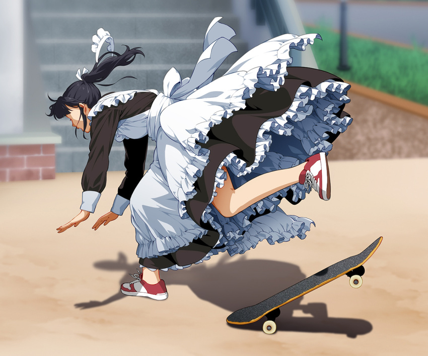 1girl accident apron falling frilled_skirt frills headdress_removed long_hair maid maid_apron maid_headdress original shadow shoes skateboard skateboarding skirt sneakers solo stairs suzushiro_(suzushiro333) thighs