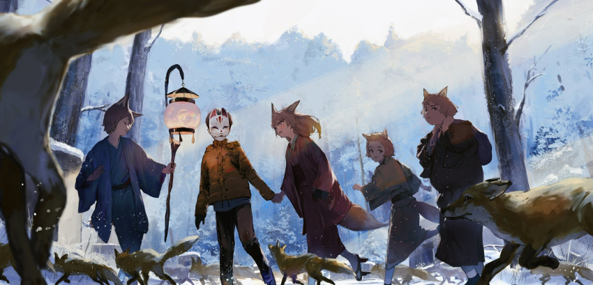 2girls 3boys androgynous animal animal_ears bangs bare_tree black_gloves blue_kimono blurry blush brown_eyes brown_hair closed_eyes coat conifer covered_face day depth_of_field facing_another feet_out_of_frame flock forest fox fox_boy fox_girl fox_mask geta gloves hands_up haori highres hirooriginals holding_hands holding_lamp japanese_clothes kimono lamp long_sleeves looking_at_another looking_at_viewer mask medium_hair multiple_boys multiple_girls nature orange_coat original outdoors pants parted_lips pouch red_kimono sash scenery short_hair skirt smile snow socks swept_bangs tabi tree walking wide_sleeves winter