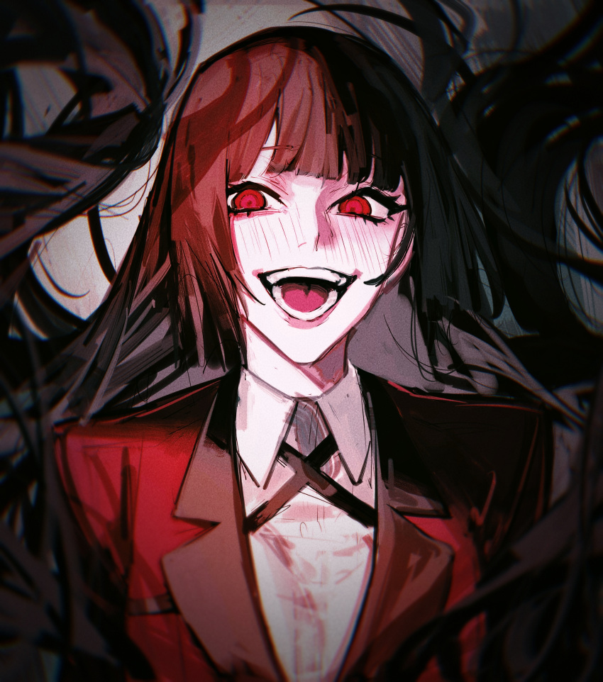 1girl :d absurdres bangs black_hair black_jacket blunt_bangs blunt_ends blush chinese_commentary collared_shirt commentary_request crazy_eyes crazy_smile floating_hair highres hime_cut huangjin_shizi jabami_yumeko jacket kakegurui long_hair looking_at_viewer open_mouth portrait red_eyes ringed_eyes shirt smile solo teeth white_shirt