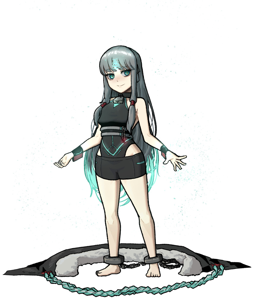 1girl absurdres ankle_cuffs aqua_eyes aqua_hair bangs barefoot black_shorts chain character_request eyebrows_visible_through_hair full_body glint grey_hair highres long_hair original rusellunt shorts sidelocks simple_background smile solo standing very_long_hair white_background wrist_cuffs