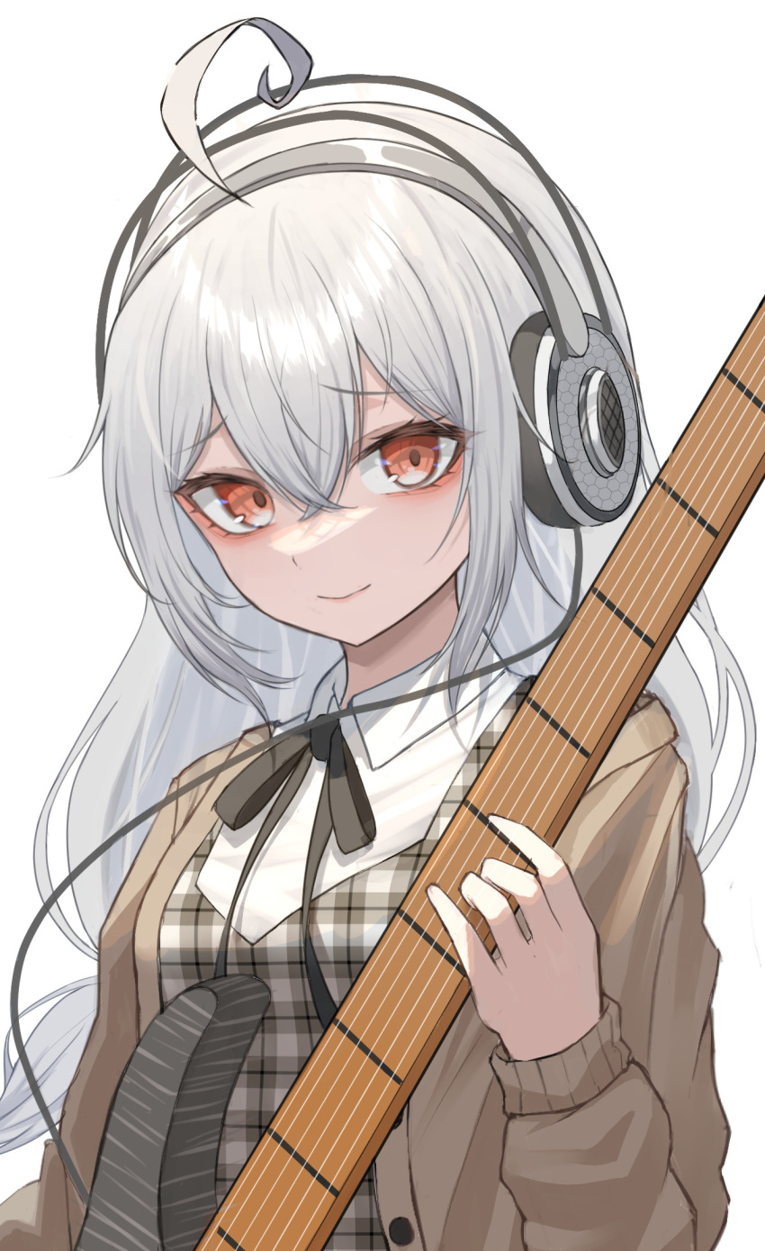 1girl ahoge albino black_ribbon brown_cardigan cardigan closed_mouth commentary_request electric_guitar guitar headphones highres holding holding_instrument instrument kei8987 long_hair long_sleeves looking_at_viewer makeup mascara neck_ribbon open_cardigan open_clothes original plaid red_eyes ribbon simple_background smile solo unbuttoned white_background white_hair