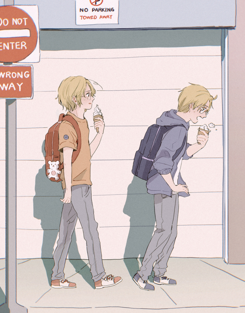 america_(hetalia) axis_powers_hetalia backpack bag blonde_hair blue_eyes blue_jacket brothers canada_(hetalia) charm_(object) child day from_side garage glasses highres ice_cream_cone jacket kumajirou_(hetalia) long_sleeves loudun_ff male_child no_parking_sign open_mouth outdoors puffy_long_sleeves puffy_sleeves road_sign shoes shutter siblings sidewalk sign sneakers spilling twins walking younger