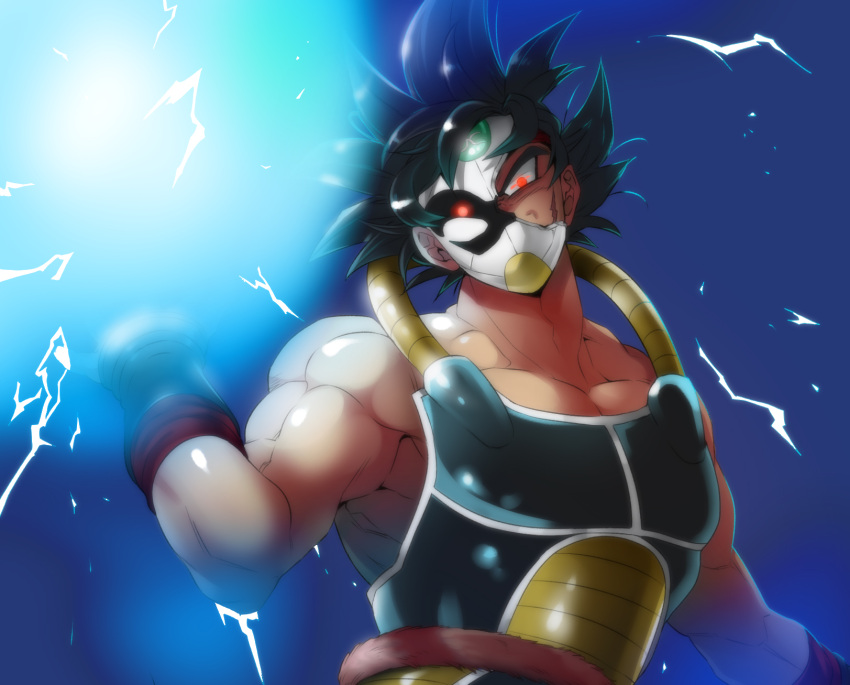 1boy armor bangs bardock bardock_(xeno) biceps black_hair broken_mask chest_armor dragon_ball dragon_ball_xenoverse energy energy_ball highres kakipiinu large_pectorals looking_at_viewer male_focus mask monkey_tail muscular muscular_male pectorals red_eyes saiyan_armor scar scar_on_cheek scar_on_face short_hair solo spiky_hair tail time_breaker_mask upper_body wrist_guards