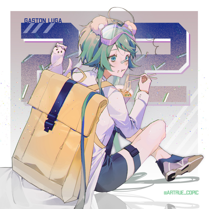1girl ahoge animal artist_name artue backpack bag bandaid bandaid_on_face bandaid_on_nose black_shorts chopsticks eating food food_on_face full_body goggles goggles_on_head green_eyes green_hair highres instagram_username original shirt shoes shorts sneakers thigh_strap white_shirt