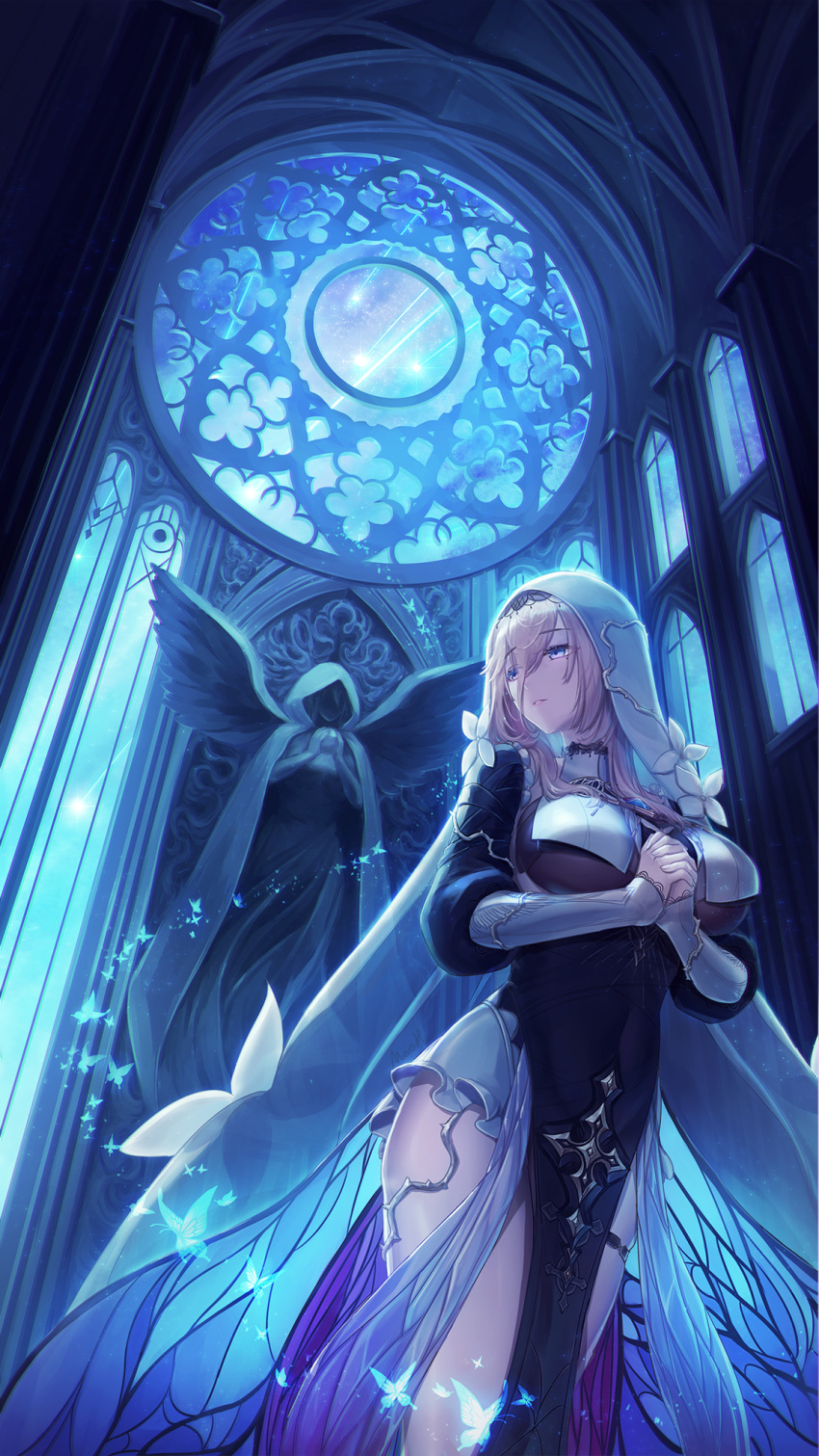 1girl angel_statue aponia_(honkai_impact) bangs black_dress blue_butterfly blue_eyes breast_curtains breasts bug butterfly butterfly_wings ceiling church dress feet_out_of_frame flower from_below glowing hair_between_eyes highres honkai_(series) honkai_impact_3rd indoors large_breasts layered_clothes light_particles long_bangs long_hair long_sleeves looking_away looking_to_the_side mole mole_under_eye nun own_hands_together parted_lips pelvic_curtain praying shooting_star sky solo standing statue thigh_strap thorns ulquiorra0 veil white_flower window wings