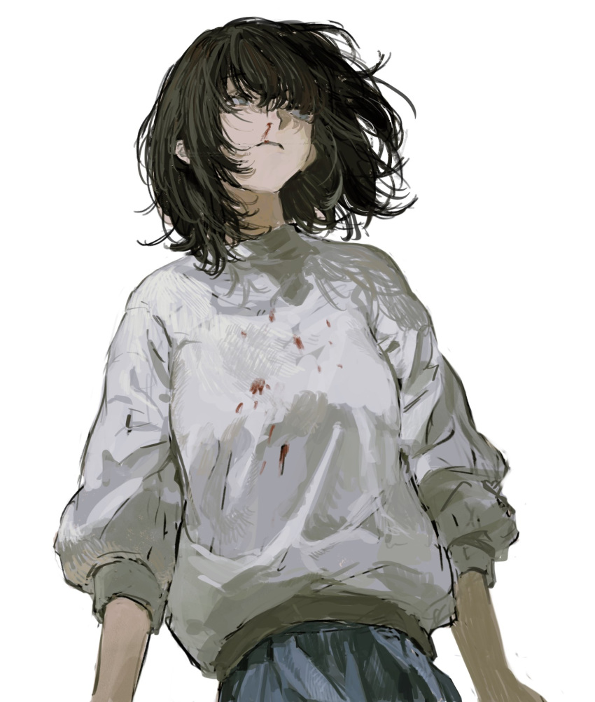 1girl blood blood_on_clothes brown_hair highres kgeroua nosebleed original solo white_background white_sweatshirt