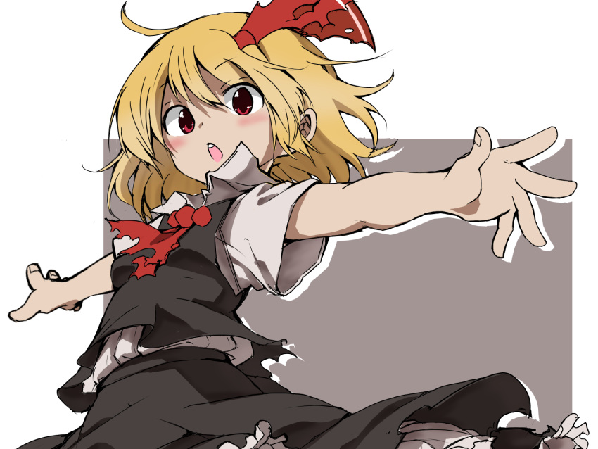 1girl ahoge arms_at_sides ascot black_skirt black_vest blonde_hair blush collared_shirt commentary frilled_skirt frills grey_shirt hair_ribbon highres looking_at_viewer open_mouth outline outstretched_arms red_ascot red_eyes red_ribbon ribbon rumia shinmon_akika shirt short_hair short_sleeves simple_background skirt skirt_set solo spread_arms square torn_ascot torn_vest touhou vest white_shirt wide_sleeves wing_collar