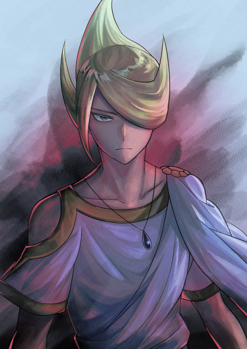 1boy bare_shoulders blonde_hair closed_mouth clothing_cutout collarbone commentary_request frown hair_over_one_eye highres jewelry looking_at_viewer male_focus necklace pokemon pokemon_(game) pokemon_legends:_arceus punico_(punico_poke) shiny shiny_hair shirt shoulder_cutout solo split_mouth upper_body volo_(pokemon) white_shirt