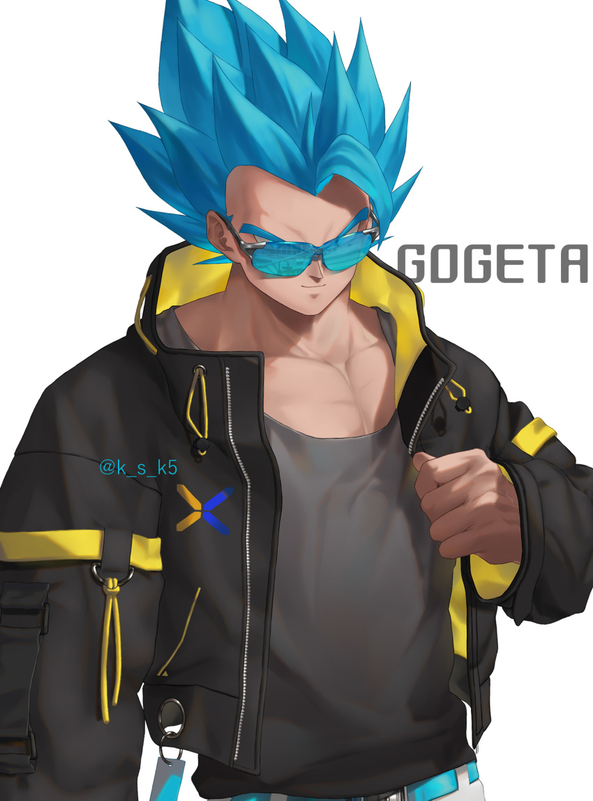 1boy absurdres black_jacket black_shirt blue_eyes blue_hair character_name closed_mouth dragon_ball dragon_ball_super dragon_ball_super_broly eyes_visible_through_eyewear fusion gogeta highres jacket ksuke_(k-taro31) male_focus open_clothes open_jacket shirt short_hair simple_background smile solo spiky_hair sunglasses super_saiyan super_saiyan_blue twitter_username upper_body white_background