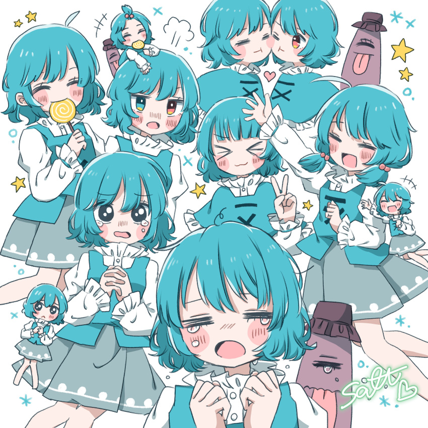1girl absurdres blue_eyes blue_hair blue_skirt blue_vest candy food frilled_sleeves frills heart heterochromia highres holding holding_candy holding_food holding_lollipop juliet_sleeves karakasa_obake lollipop long_sleeves puffy_sleeves purple_umbrella red_eyes salt_(saltty) shirt skirt smile star_(symbol) tatara_kogasa tears touhou umbrella vest white_shirt