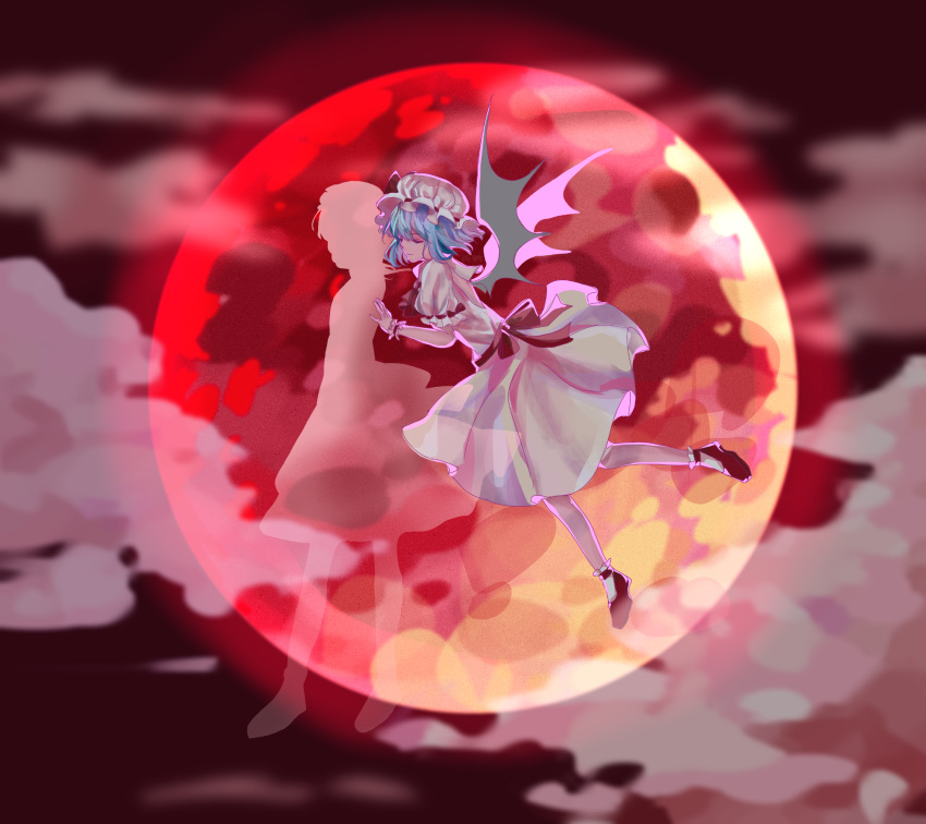 2girls ascot back_bow bat_wings blue_hair bobby_socks bow chinese_commentary closed_eyes closed_mouth clouds commentary dress facing_to_the_side floating frilled_sleeves frills full_moon hat hat_bow highres izayoi_sakuya mob_cap moon multiple_girls puffy_short_sleeves puffy_sleeves qingqu red_ascot red_bow red_footwear red_moon remilia_scarlet ribbon-trimmed_sleeves ribbon_trim shoes short_hair short_sleeves silhouette socks touhou white_dress white_headwear white_legwear wings wrist_cuffs
