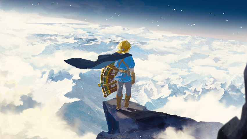 1boy above_clouds belt belt_pouch blonde_hair blue_cape blue_pants blue_shirt boots brown_footwear cape cliff clouds from_above knee_boots link mountain mountainous_horizon nin0019 outdoors pants pointy_ears pouch scenery shirt short_hair short_ponytail sky solo standing the_legend_of_zelda wide_shot