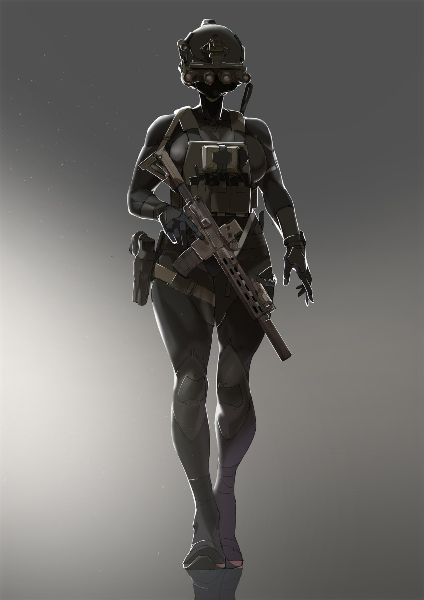 1girl ammunition_pouch ar-15 assault_rifle bodysuit breasts bulletproof_vest gun handgun helmet highres holding holding_weapon large_breasts mask night_vision_device original pen_guin15 pistol plate_carrier pouch rifle smile solo suppressor thick_thighs thighs toned trigger_discipline walking weapon