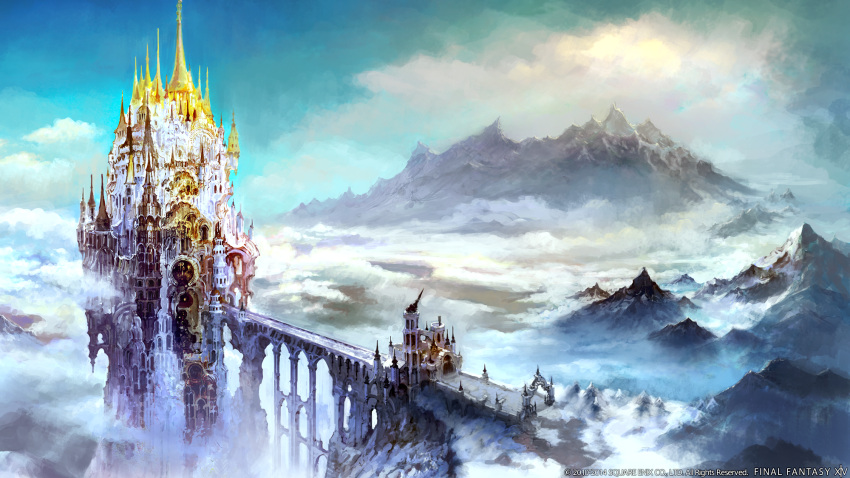 above_clouds architecture artist_request bridge building city clouds copyright copyright_name day fantasy final_fantasy final_fantasy_xiv gate highres in-universe_location landscape mountain mountainous_horizon no_humans official_art scenery sky spire