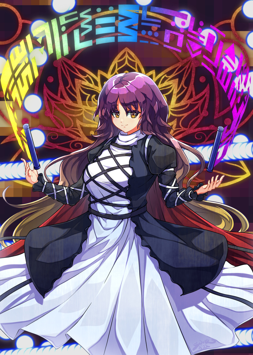 1girl absurdres bangs breasts brown_hair closed_mouth commentary cross-laced_clothes danmaku dress eyebrows_visible_through_hair feet_out_of_frame gradient_hair highres hijiri_byakuren juliet_sleeves large_breasts layered_dress long_hair long_sleeves looking_at_viewer multicolored_hair puffy_sleeves purple_hair schnuz smile solo sorcerer's_sutra_scroll spell_card touhou turtleneck_dress wavy_hair white_dress