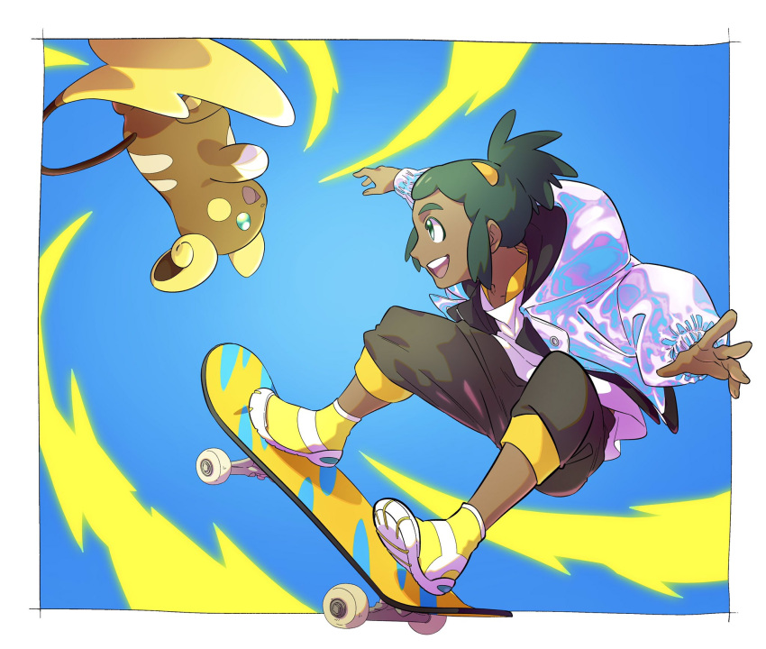 1boy :d alolan_raichu alternate_costume blue_background border capri_pants commentary_request dark-skinned_male dark_skin green_eyes green_hair happy hau_(pokemon) highres jacket male_focus open_clothes open_jacket open_mouth pants pkpokopoko3 pokemon pokemon_(creature) pokemon_(game) pokemon_sm shoes short_ponytail skateboard skateboarding smile sneakers teeth tongue upper_teeth white_border yellow_footwear