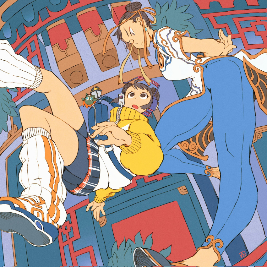 2girls andrea_cofrancesco arms_behind_back bike_shorts_under_skirt blanka-chan blue_pants brown_eyes brown_hair character_doll charm_(object) china_dress chinese_clothes chun-li double_bun dress english_commentary fanny_pack fighting goggles goggles_on_head hair_bun hair_ribbon headphones highres jacket jumping leg_warmers leggings li-fen mother_and_daughter multiple_girls one_eye_closed pants plaid plaid_skirt pleated_skirt raglan_sleeves ribbon shoes skirt sneakers street_fighter street_fighter_6 thick_thighs thighs white_dress wireless yellow_jacket