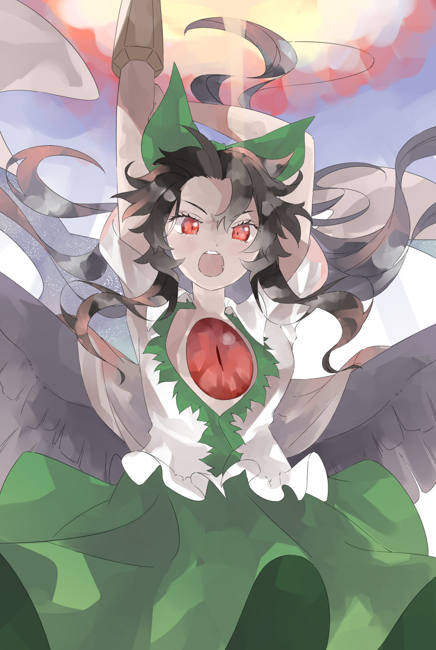 1girl absurdres arm_cannon arms_up bird_wings black_hair black_wings blouse blush bow breasts cape collared_shirt control_rod green_bow green_skirt hair_between_eyes hair_bow highres long_hair looking_at_viewer ninniku_(mfu7324) open_mouth puffy_short_sleeves puffy_sleeves red_eyes reiuji_utsuho shirt short_sleeves skirt solo teeth third_eye touhou upper_teeth v-shaped_eyebrows weapon white_cape white_shirt wings