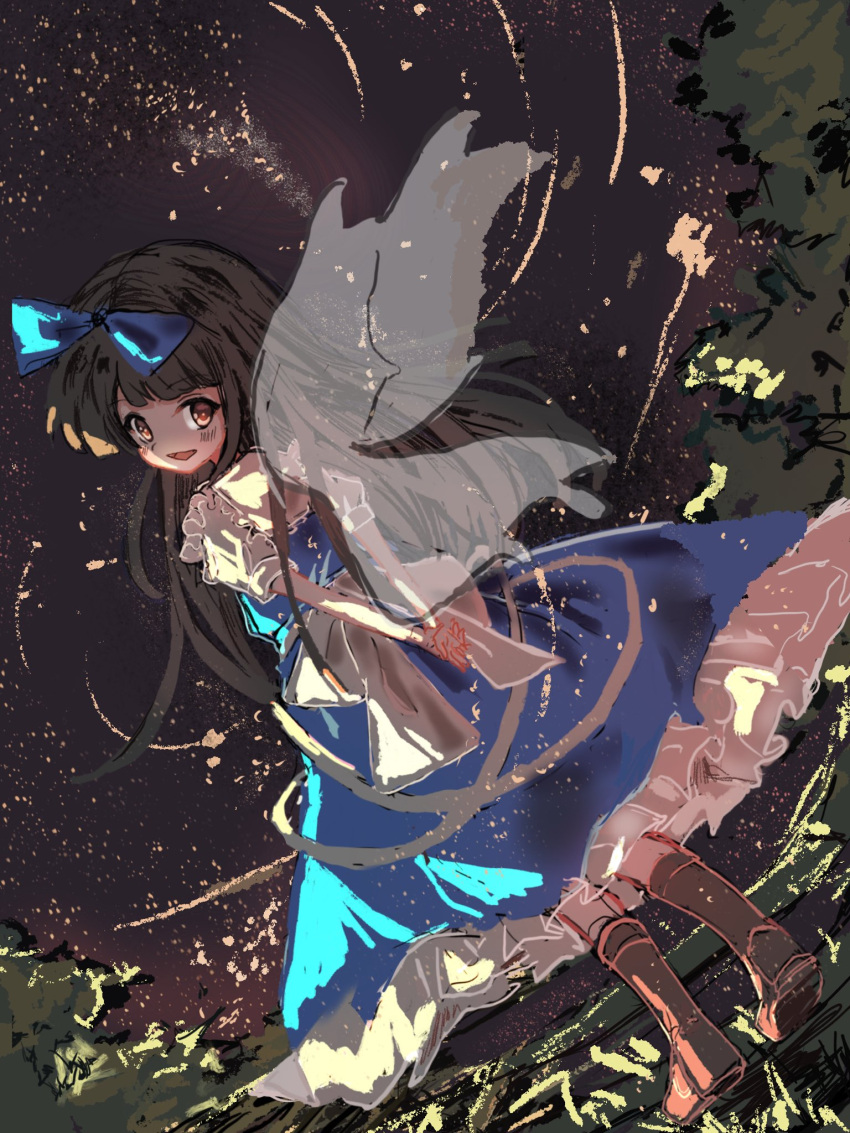 1girl :d arms_behind_back bangs black_hair blue_bow blue_dress bow brown_eyes brown_footwear dress eyebrows_visible_through_hair fairy_wings full_body hair_bow highres long_hair looking_back night night_sky open_mouth outdoors own_hands_together sky smile solo star_sapphire sutaku77224 touhou transparent_wings tree wings