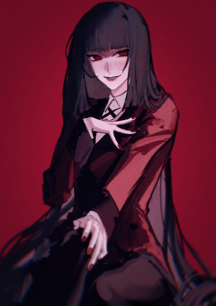 1girl absurdres bangs black_hair blunt_bangs blurry blurry_foreground blush chinese_commentary collared_shirt commentary_request feet_out_of_frame hand_on_own_chest hand_on_own_knee highres huangjin_shizi jabami_yumeko jacket kakegurui long_hair looking_at_viewer nail_polish red_background red_eyes red_jacket red_nails shirt simple_background sitting smile solo very_long_hair white_shirt