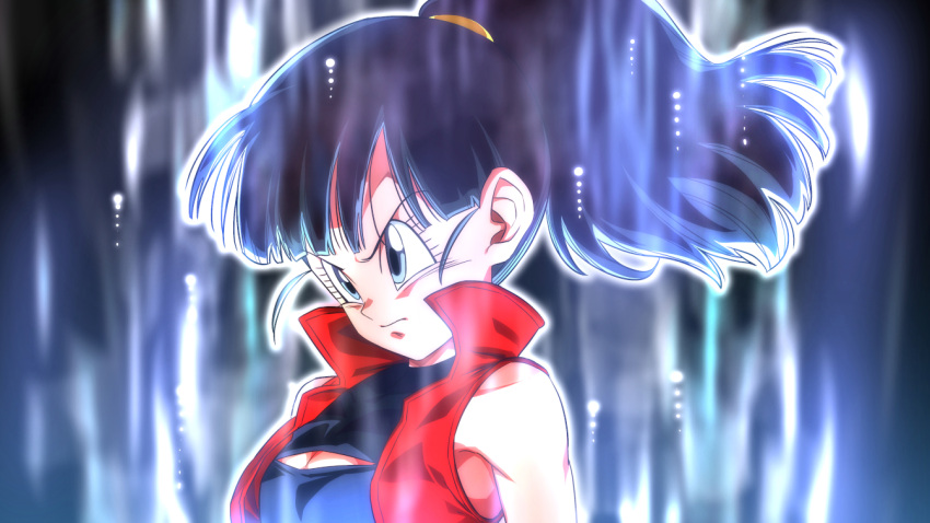 1girl aura bare_shoulders black_hair breasts closed_mouth dragon_ball dragon_ball_heroes grey_eyes note_(dragon_ball) ponytail rom_(20) serious solo ultra_instinct upper_body