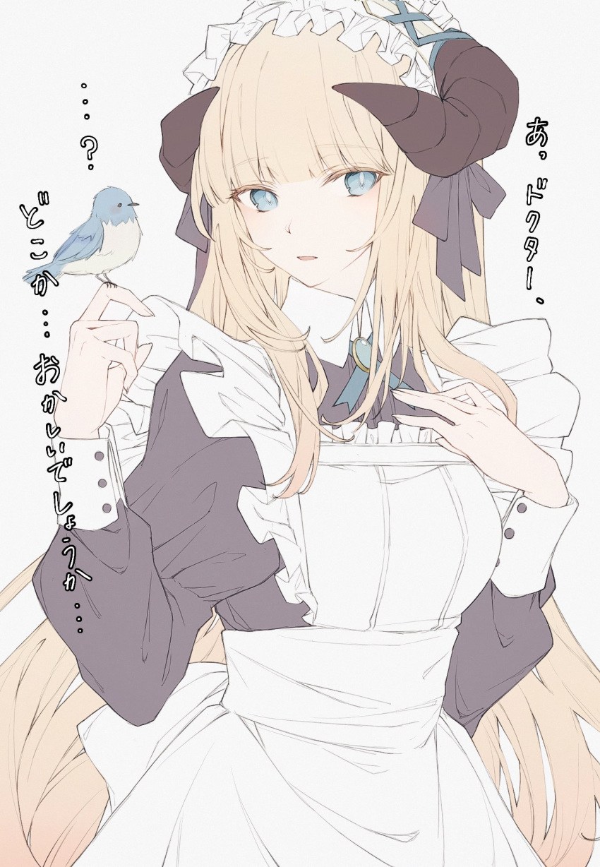 1girl alternate_costume apron arknights bangs bird bird_on_hand black_dress black_ribbon blonde_hair blue_eyes blunt_bangs collaboration cowboy_shot dress enmaided eyebrows_visible_through_hair hair_ribbon hand_on_own_chest highres hk_nnm horns juliet_sleeves long_hair long_sleeves maid maid_headdress nightingale_(arknights) parted_lips puffy_sleeves ribbon simple_background smile solo translation_request very_long_hair white_apron white_background
