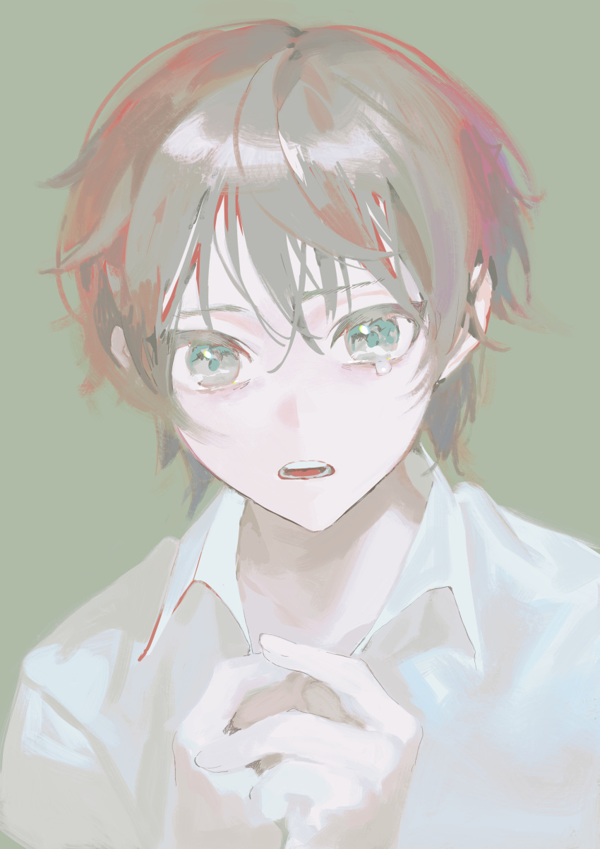 1boy absurdres brown_hair collared_shirt commentary_request green_background grey_eyes hands_up highres male_focus original parted_lips shirt short_hair simple_background solo tearing_up torino_kawazu upper_body white_shirt