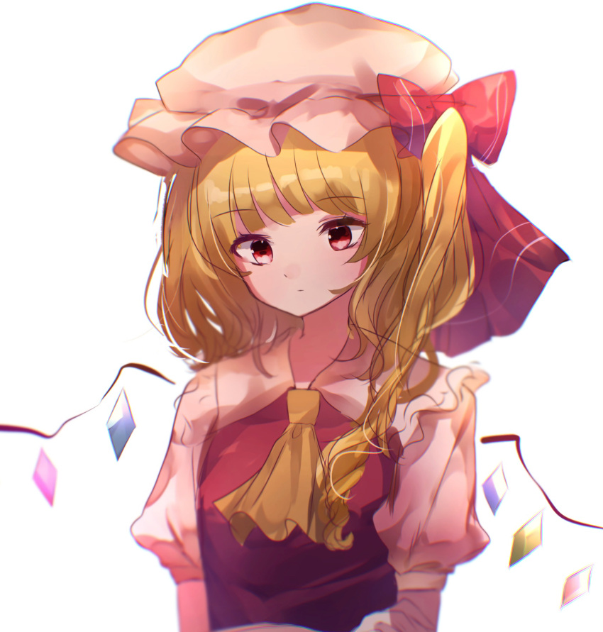 1girl ascot bangs blonde_hair blush bow breasts brown_ascot closed_mouth collared_shirt crystal eyebrows_visible_through_hair flandre_scarlet frills hat hat_bow highres jewelry looking_down mob_cap moshihimechan multicolored_wings one_side_up pink_headwear pink_shirt puffy_short_sleeves puffy_sleeves red_bow red_eyes red_vest shirt short_hair short_sleeves simple_background small_breasts solo touhou upper_body vest white_background wings