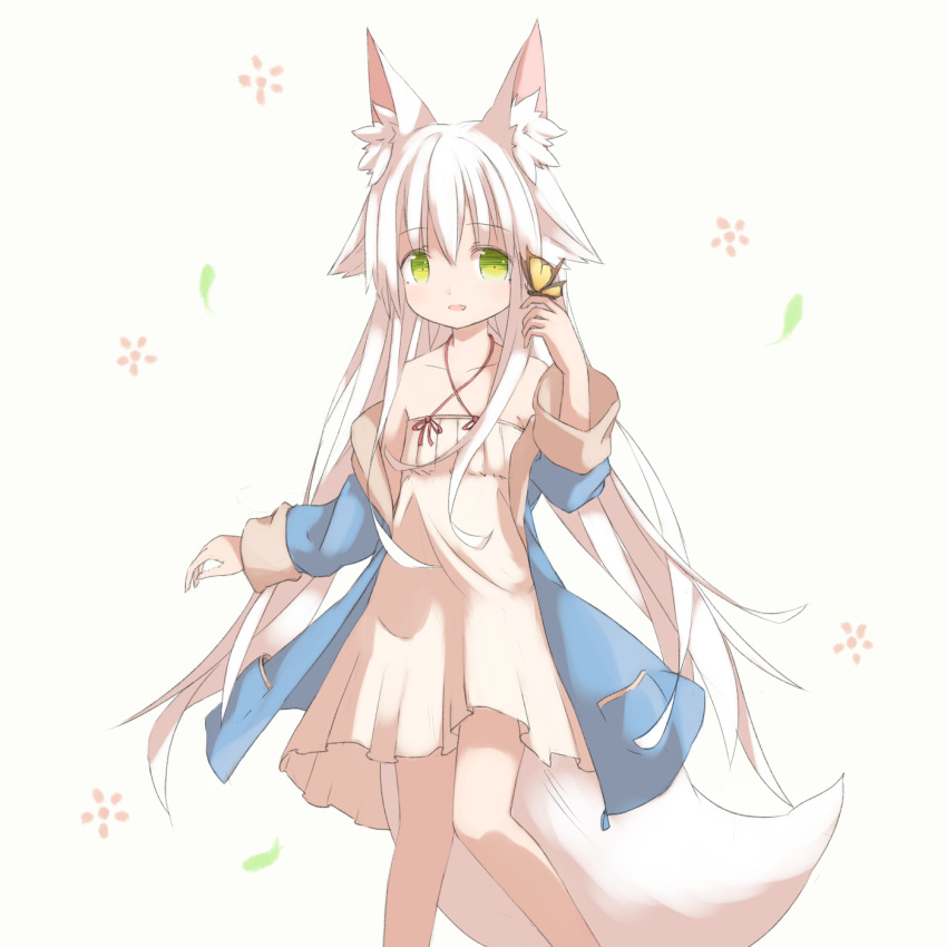 1girl animal_ear_fluff animal_ears bangs blue_coat bug butterfly butterfly_on_hand coat collarbone cowboy_shot dress eyebrows_visible_through_hair fox_ears fox_girl fox_tail green_eyes hair_between_eyes hair_over_shoulder hand_up highres long_hair long_sleeves looking_at_animal open_clothes open_coat original sasakura_mix short_dress simple_background sleeveless solo standing tail very_long_hair white_dress white_hair