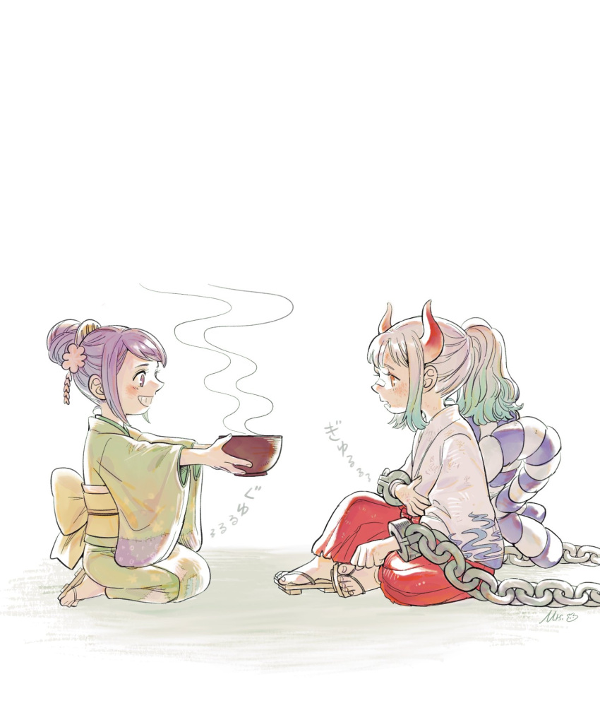 2girls bandaid bandaid_on_face blush chain chained chained_wrists commentary_request eyelashes food gradient_hair green_hair green_kimono grey_hair hair_ornament happy highres horns hungry japanese_clothes kimono long_hair looking_at_another mrs.custard multicolored_hair multiple_girls one_piece ponytail purple_hair sandals seiza sharing_food signature sitting smile tama_(one_piece) translation_request yamato_(one_piece) younger