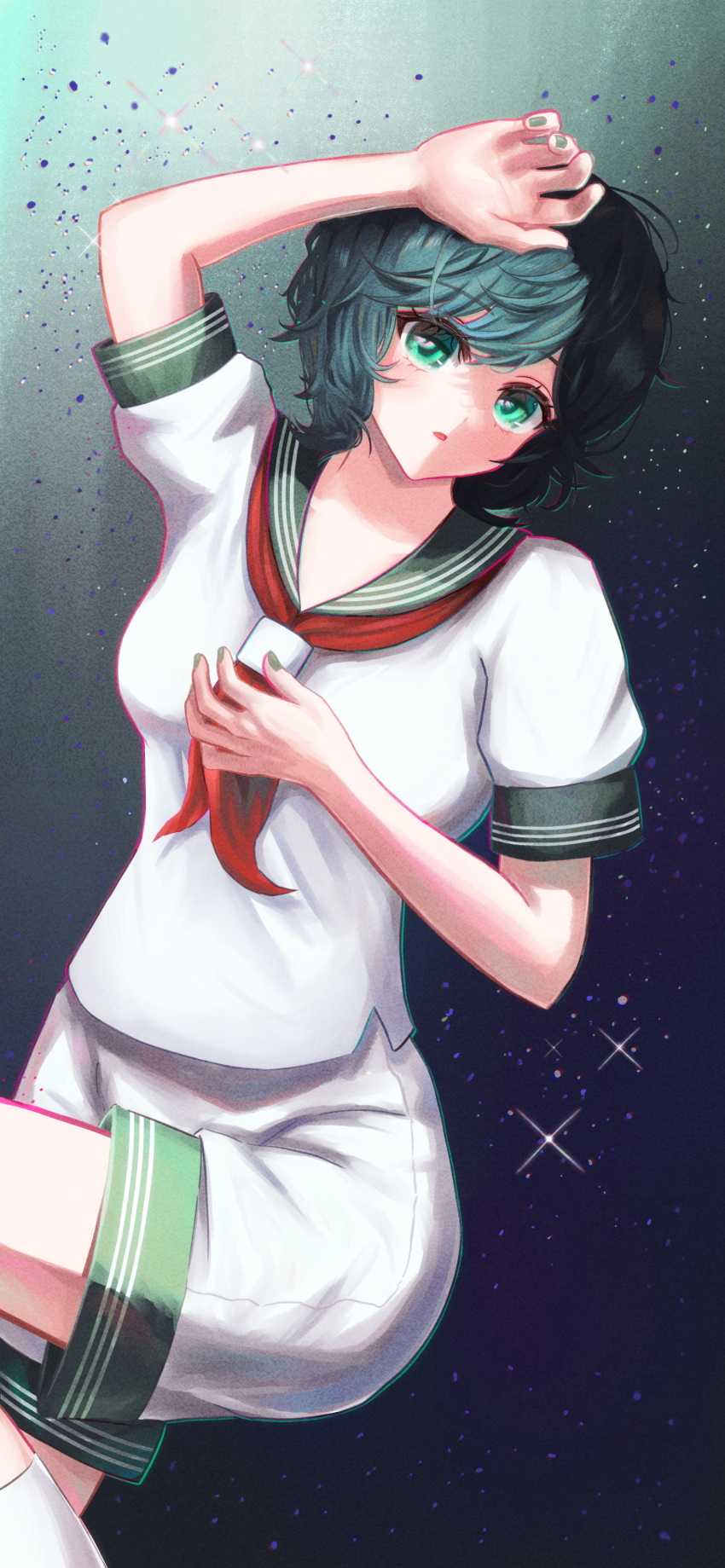 1girl absurdres bangs black_hair blush breasts cowboy_shot diffraction_spikes feet_out_of_frame gradient gradient_background green_eyes hat highres looking_at_viewer m4_gun murasa_minamitsu nail_polish neckerchief no_hat no_headwear sailor_collar sailor_hat short_hair short_sleeves shorts solo sparkle swept_bangs touhou white_legwear white_shorts