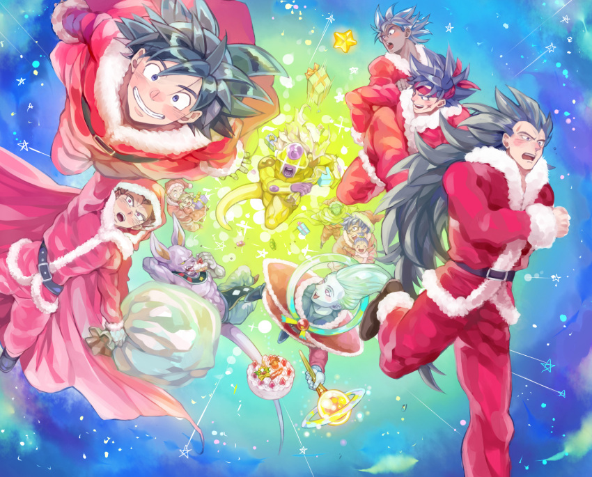 2girls 6+boys abs baby baby_carry bardock beerus black_hair blonde_hair blue_hair blush boots box bra_(dragon_ball) cake carrying carrying_person child child_carry christmas colored_skin dragon_ball dragon_ball_z eating egyptian_clothes father_and_daughter female_child flying food frieza fur-trimmed_headwear fur_trim gift gift_box glasses gloves golden_frieza green_skin hat headband highres holding holding_cake holding_food holding_sack kakipiinu kuririn long_hair looking_at_another looking_at_viewer marron multiple_boys multiple_girls namekian open_mouth piccolo piggyback raditz red_headband sack santa_boots santa_costume santa_hat scar scar_on_cheek scar_on_face short_hair smile son_gohan son_goku spiky_hair star_(sky) star_(symbol) teeth tullece vegeta whis white_gloves