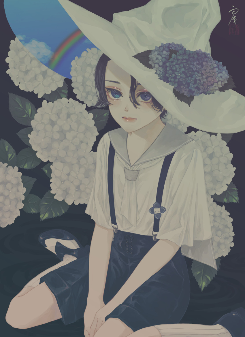 1boy absurdres androgynous between_legs bishounen black_footwear black_hair black_shorts blue_eyes blue_flower blue_sky closed_mouth clouds collared_shirt commentary eyelashes flower hair_between_eyes hand_between_legs hat hat_flower high-waist_shorts highres hydrangea image_fill leaf looking_at_viewer male_focus neckerchief original rainbow ripples sailor_collar seal_impression shirt shoes short_hair short_sleeves shorts signature sitting sky socks suspenders two-tone_footwear ushiyama_ame v_arms wariza water white_flower white_footwear white_headwear white_legwear white_neckerchief white_sailor_collar white_shirt