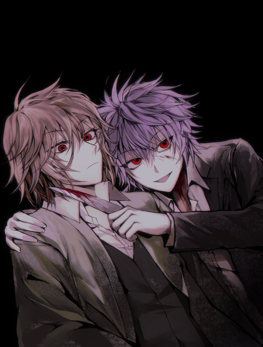 &gt;:( 2boys :d black_background black_jacket black_vest blood blood_on_face blood_on_knife blood_on_weapon brown_hair cherry_(sp_gkdla) chromatic_aberration closed_mouth collared_shirt frown green_jacket hair_between_eyes harada_mutei highres holding holding_knife holding_weapon jacket knife korean_commentary long_sleeves male_focus multiple_boys open_clothes open_jacket open_mouth purple_hair red_eyes saibou_shinkyoku shirt short_hair smile spoilers suit_jacket theodore_riddle v-shaped_eyebrows vest weapon white_shirt
