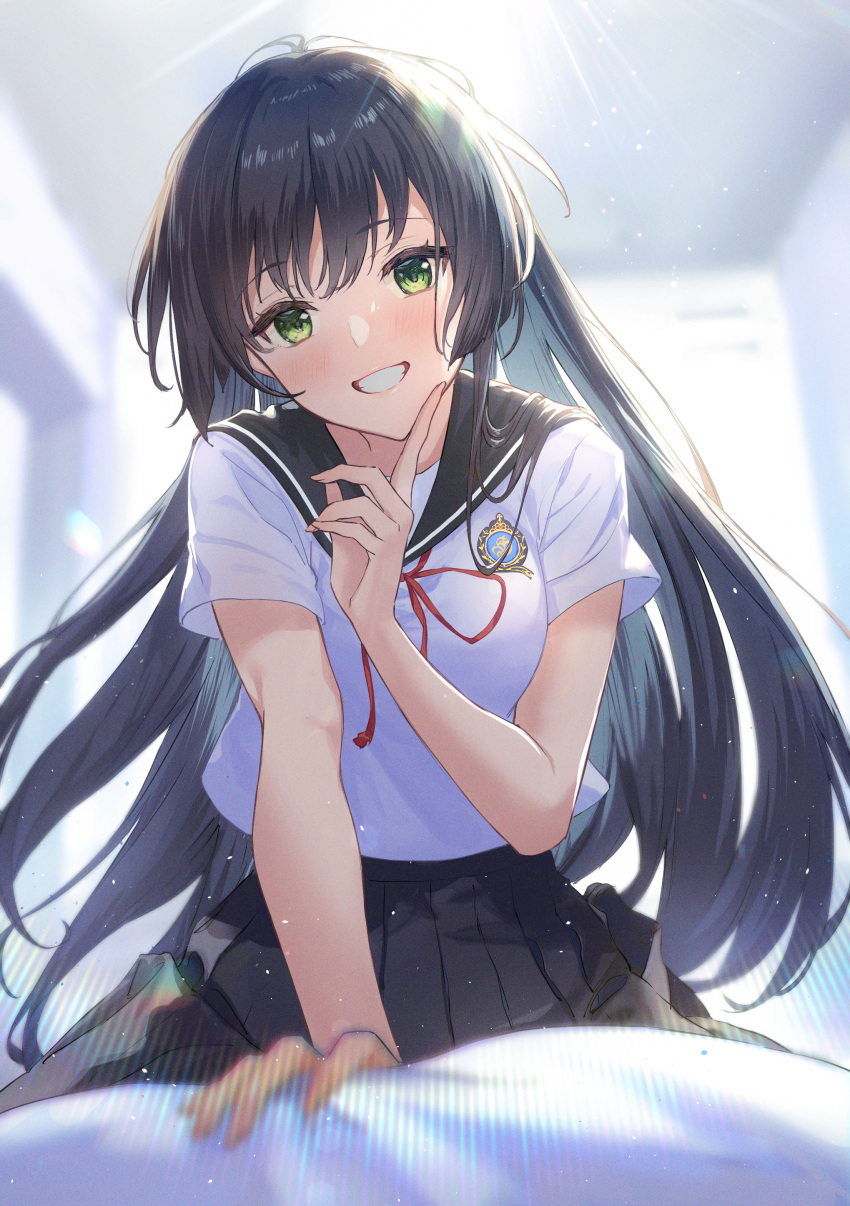 1girl :d absurdres arm_support bangs bed bed_sheet black_hair black_sailor_collar black_skirt blurry blurry_background blush breasts cover_image depth_of_field eyebrows_visible_through_hair green_eyes hand_on_own_face haru_(hiyori-kohal) head_tilt highres index_finger_raised indoors kimi_wa_hatsukoi_no_hito_no_musume long_hair looking_at_viewer looking_down medium_breasts neck_ribbon novel_illustration official_art on_bed open_mouth outstretched_arm pleated_skirt red_ribbon ribbon sailor_collar sakura_(hatsukoi_musume) school_uniform second-party_source serafuku shirt short_sleeves sitting sitting_on_bed skirt smile solo white_shirt window