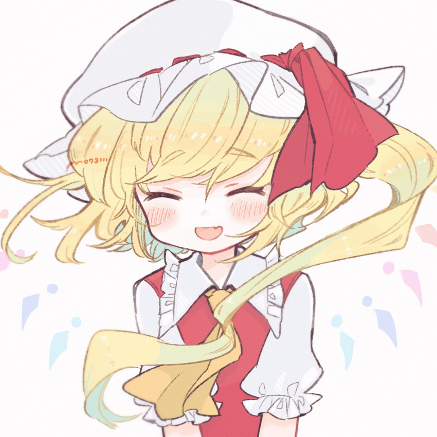1girl ascot bangs blonde_hair blush closed_eyes eyebrows_visible_through_hair facing_viewer fang flandre_scarlet grey_background hat hat_ribbon highres m_(m073111) mob_cap one_side_up open_mouth red_ribbon red_vest ribbon shirt short_hair_with_long_locks short_sleeves simple_background skin_fang smile solo touhou upper_body vest white_headwear white_shirt wings yellow_ascot