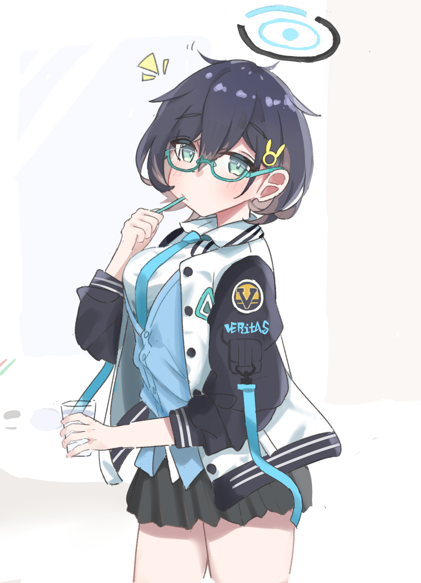 1girl absurdres bangs black_hair black_skirt blue_archive blue_necktie blue_vest blush breasts brushing_teeth chihiro_(blue_archive) collarbone cup glasses green_eyes hair_ornament halo hand_up hat highres holding holding_cup jacket long_sleeves looking_at_viewer medium_breasts mini_hat mini_top_hat necktie notice_lines open_clothes open_jacket roton3737 semi-rimless_eyewear shirt short_hair skirt sleeves_pushed_up solo top_hat vest white_shirt