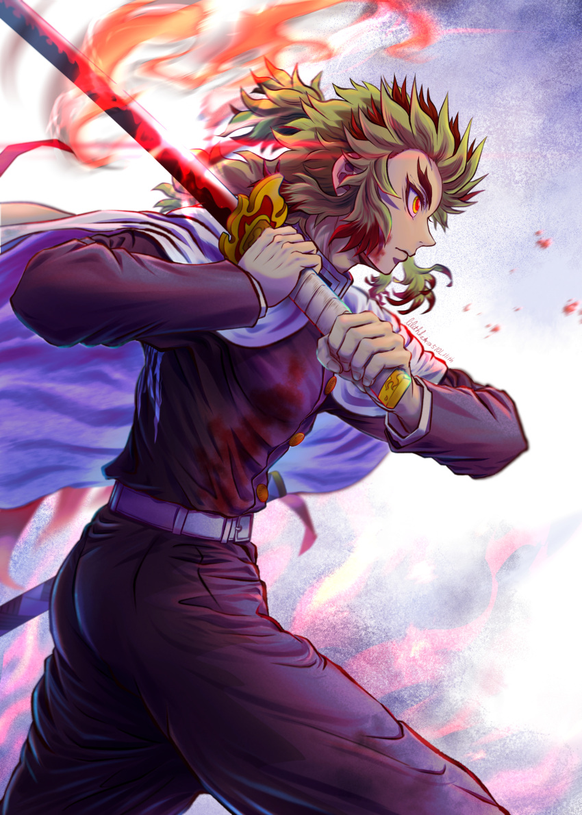 1boy 510lilith absurdres black_jacket black_pants blonde_hair cape closed_mouth fire floating_hair from_side grey_cape highres holding holding_sword holding_weapon jacket kimetsu_no_yaiba long_hair long_sleeves male_focus military military_uniform multicolored_hair pants red_eyes redhead rengoku_kyoujurou solo standing sword two-tone_hair uniform weapon
