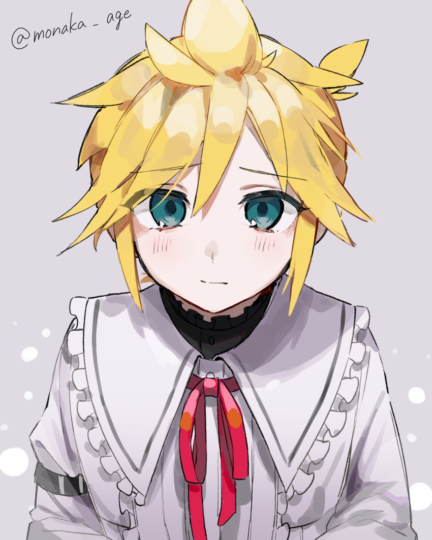 1boy bangs blonde_hair blue_eyes blush collar frilled_collar frilled_shirt frills hair_between_eyes highres kagamine_len looking_at_viewer male_focus monaka_age project_sekai shirt solo vocaloid