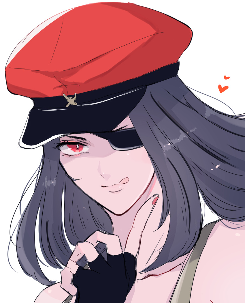 1girl :q bare_shoulders black_gloves black_hair collarbone commentary eyepatch fingerless_gloves fingernails gloves han_juri hand_up hat heart highres index_finger_raised long_hair looking_at_viewer military_hat official_alternate_costume osobagasuki portrait red_eyes simple_background solo street_fighter street_fighter_v tongue tongue_out white_background
