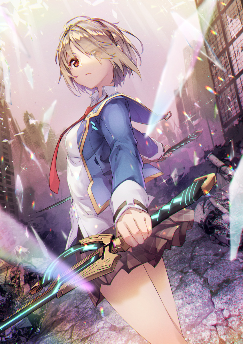 1girl absurdres blue_jacket breasts brown_hair brown_skirt building closed_mouth collared_shirt dual_wielding eva_mashiro eyes_visible_through_hair feet_out_of_frame glass hair_over_one_eye heaven_burns_red highres holding holding_sword holding_weapon jacket kayamori_ruka long_sleeves necktie pleated_skirt red_eyes red_necktie ruins shirt short_hair skirt small_breasts solo sparkle standing sword weapon white_shirt