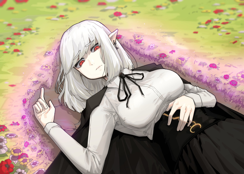 1girl bangs black_cape black_ribbon borrowed_character breasts cape collared_shirt earrings eyebrows_visible_through_hair flower highres jewelry large_breasts original pale_skin pointy_ears red_flower ribbon rusellunt shirt solo upper_body vampire's_sister_(gogalking) white_flower white_shirt yellow_flower