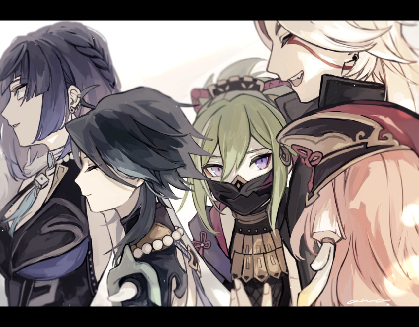 0gznz 2boys 3girls antlers arataki_itto bangs bead_necklace beads blue_hair breasts closed_eyes closed_mouth dice ear_piercing facepaint fang genshin_impact green_hair hair_between_eyes hat highres japanese_clothes jewelry kuki_shinobu large_breasts letterboxed long_hair mask mole mole_on_breast mouth_mask multicolored_hair multiple_boys multiple_girls necklace ninja_mask parted_lips piercing pink_hair red_headwear short_hair simple_background upper_body violet_eyes white_background xiao_(genshin_impact) yanfei_(genshin_impact) yelan_(genshin_impact)