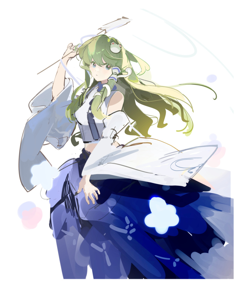 1girl blue_skirt blush bright_pupils chinese_commentary commentary cowboy_shot detached_sleeves expressionless floating_hair frog_hair_ornament gohei green_eyes green_hair hair_ornament hand_up highres holding_gohei kochiya_sanae long_hair long_skirt looking_at_viewer one-hour_drawing_challenge parted_lips red_pupils satonishi shirt sidelocks simple_background sketch skirt sleeveless sleeveless_shirt snake_hair_ornament solo touhou very_long_hair white_background white_shirt white_sleeves wide_sleeves wind