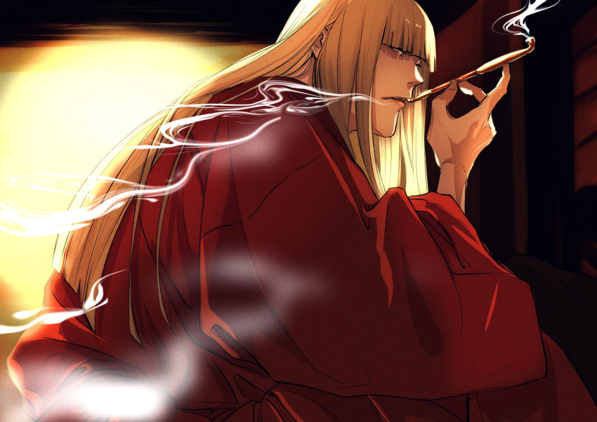 1boy ajuji_aju bangs bleach blonde_hair blunt_bangs blunt_ends from_side half-closed_eyes hand_up highres hirako_shinji holding holding_smoking_pipe japanese_clothes kimono kiseru knee_up long_hair long_sleeves looking_away male_focus parted_lips red_kimono sitting smoke smoking smoking_pipe solo straight_hair wide_sleeves yellow_eyes